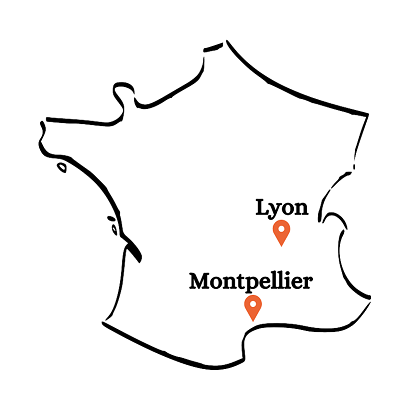 Carte de France avec déplacement possible autour de Lyon et Montpellier